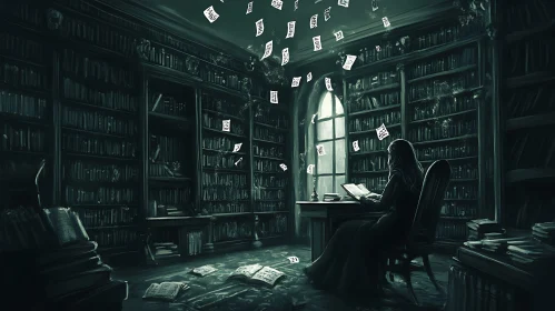 Woman Reading in a Dark Library