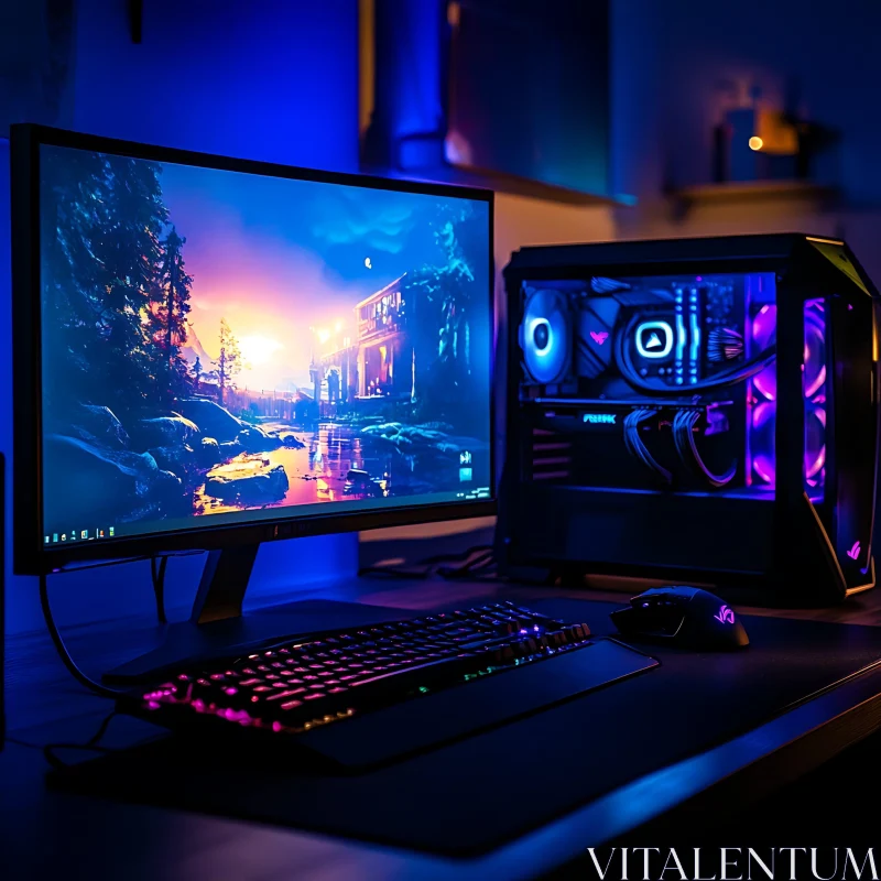 Modern Gaming Station with RGB Accents AI Image