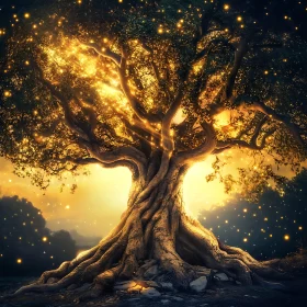 Golden Lit Magical Tree Illustration