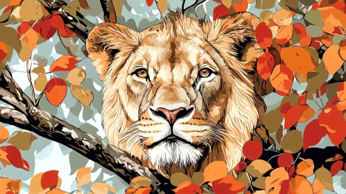 Lion Among Autumn Leaves