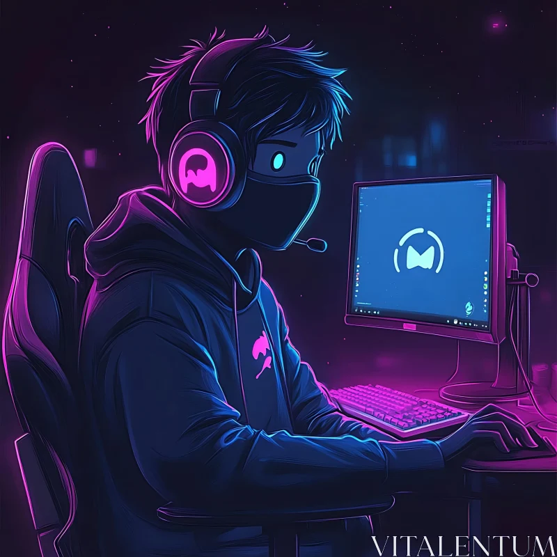 Neon Cyberpunk Gamer at Computer AI Image