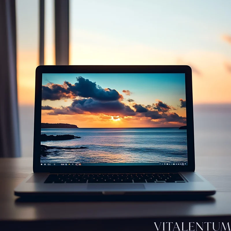 Ocean Sunset on Laptop Screen AI Image