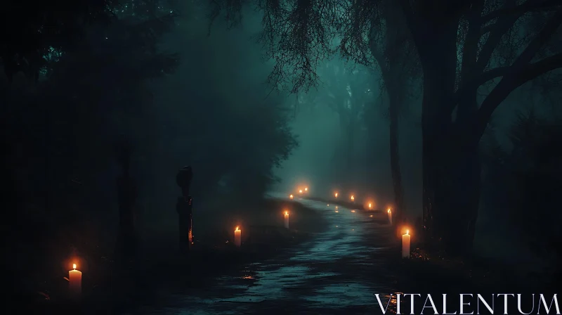 Eerie Forest Path at Night AI Image