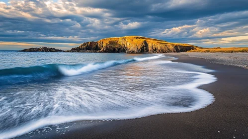 Sunlit Cliffs and Waves on a Sandy Beach