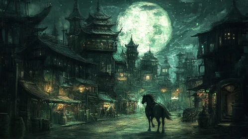 Moonlit Horse in Ancient Cityscape