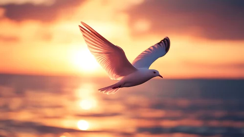 Bird Flying Over the Ocean Sunset