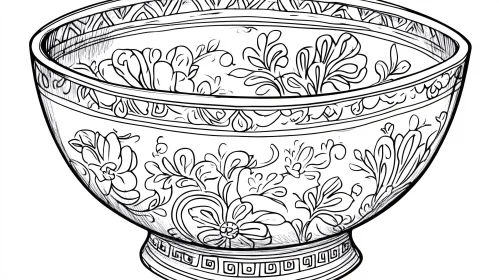 Intricate Line Drawing of Floral Bowl