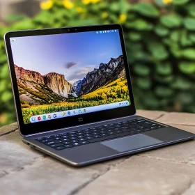 Modern Laptop Featuring Nature-Inspired Display Outdoors