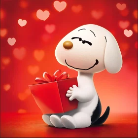 Dog with Present and Hearts