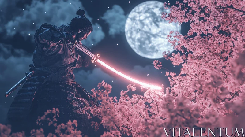 AI ART Glowing Katana Samurai With Cherry Blossoms