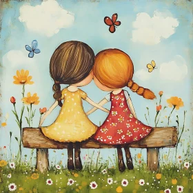 Two Friends on a Bench with Butterflies