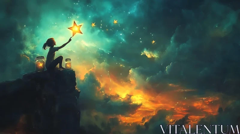 Girl and Stars: Dreamy Nightscape Artwork AI Image