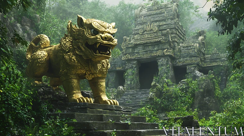 Ancient Temple with Golden Lion Statue AI Image