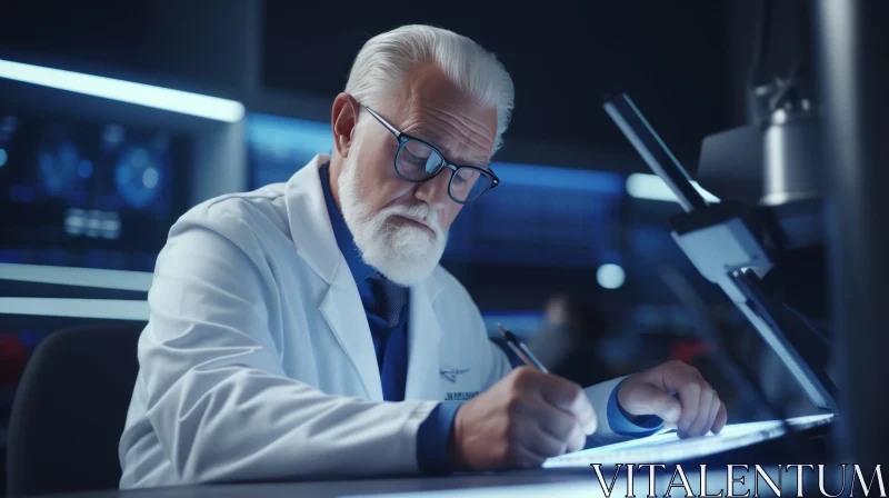 Captivating Image of an Elderly Scientist Working in a Futuristic Setting AI Image