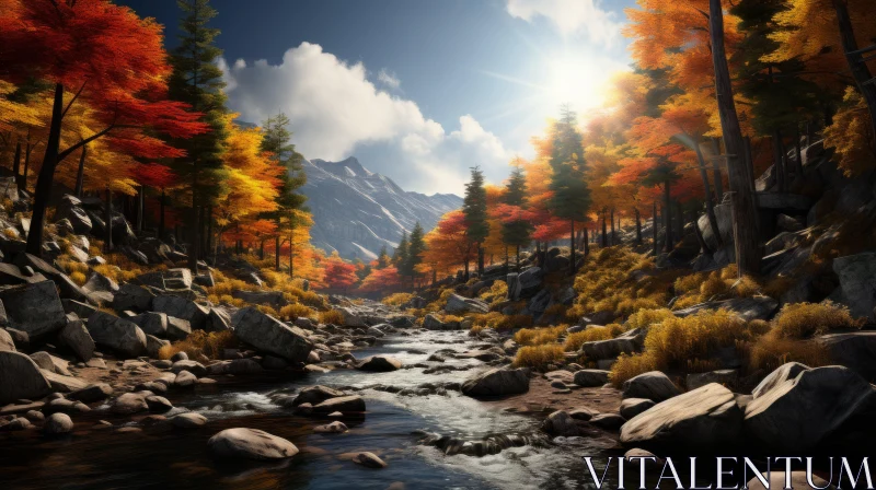 AI ART Captivating Rocky River Landscape with Vibrant Trees | Vray Tracing