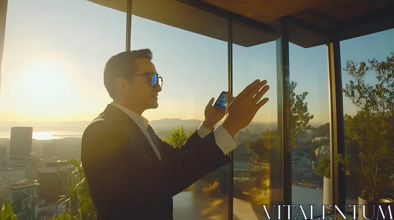 Man with Smartphone in High-Rise Office at Sunset AI Image