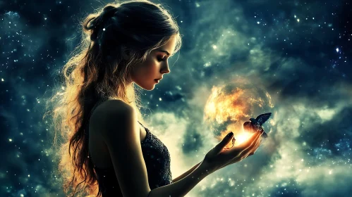 Woman with Bird and Starry Sky Art