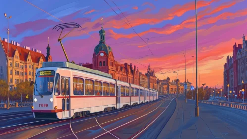 Enchanting City Tram at Dusk: A Captivating Oil Painting