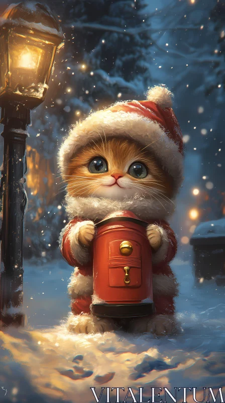 Cute Christmas Kitten Outdoors AI Image