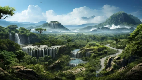 Free Junglecore Wallpaper: Waterfall Landscape with Majestic Elephants