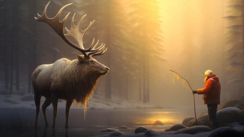 Majestic Moose and Fishing Scene in Fantasy Art Style