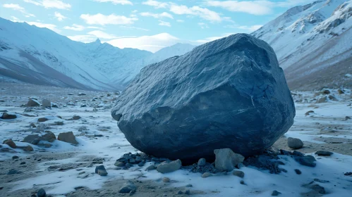 Majestic Snowy Mountain Valley with Enigmatic Boulder