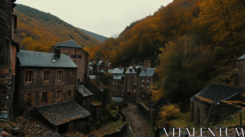 Moody and Atmospheric Mountain Village with Haunting Structures and Golden Hues AI Image