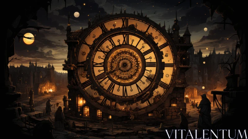 Mysterious Victorian-inspired illustration of a clock in a dark tower AI Image