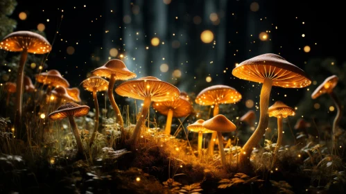 Mystical Forest Mushrooms Illuminated in Golden Hues