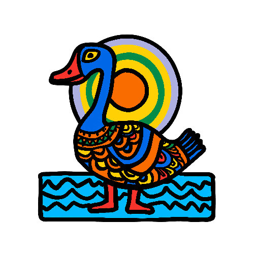 POD Design Whimsical Duck Illustration with Colorful Sun Background