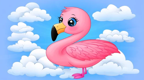 Cartoon Flamingo with Clouds Illustration