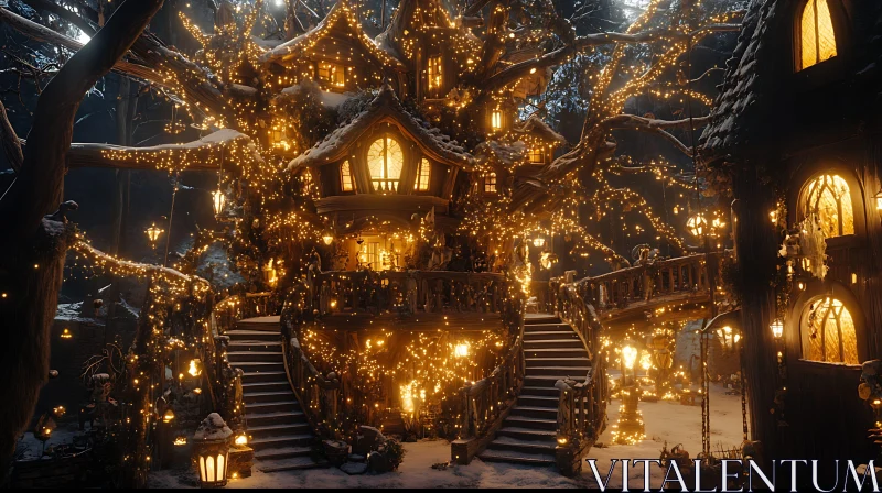 Whimsical Winter Treehouse AI Image