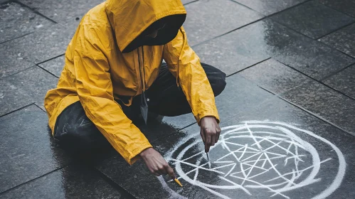 Street Art Creation on Wet Pavement