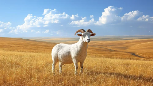 White Goat in Wheat Field