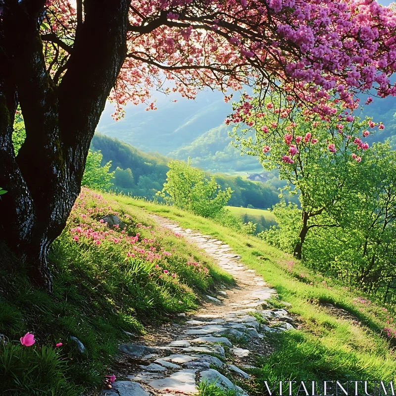 Tranquil Stone Path with Pink Blossoms AI Image