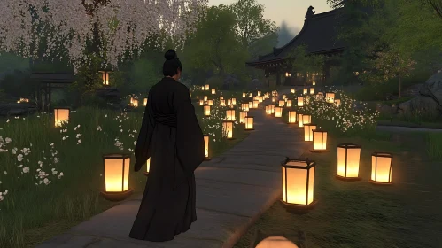 Woman Walking in Lantern Light Garden