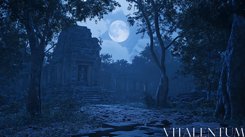 Ancient Temple Under Moonlight AI Image