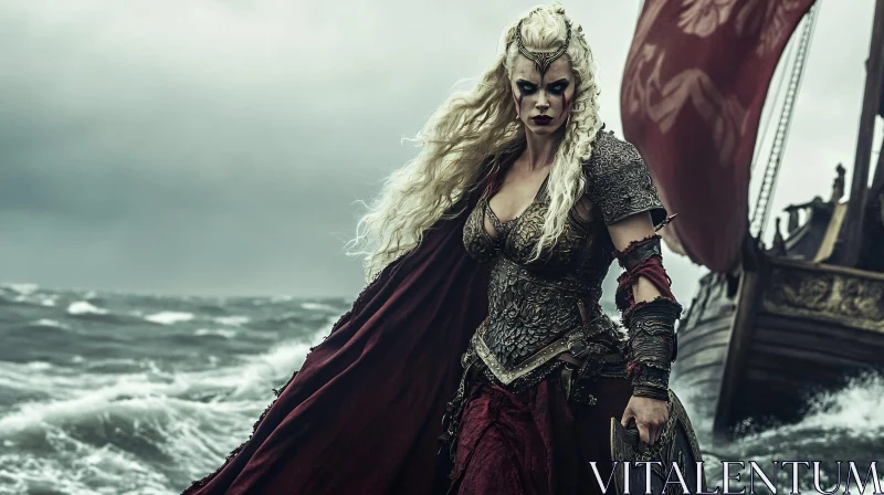 Strong Viking Woman by the Sea AI Image