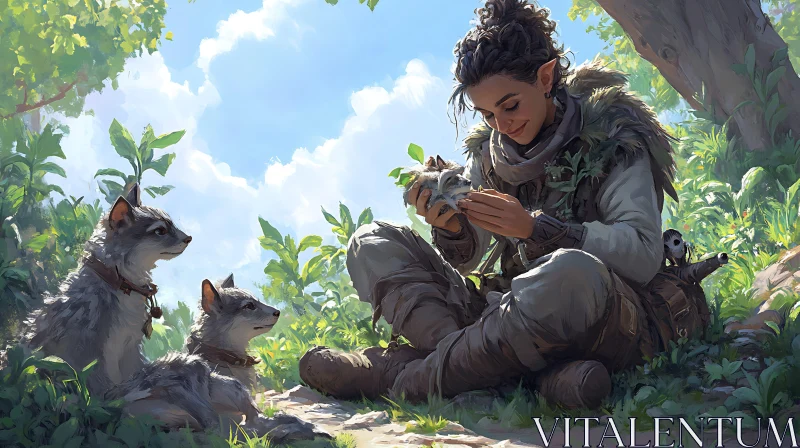 AI ART Peaceful Elf with Wolf Companions