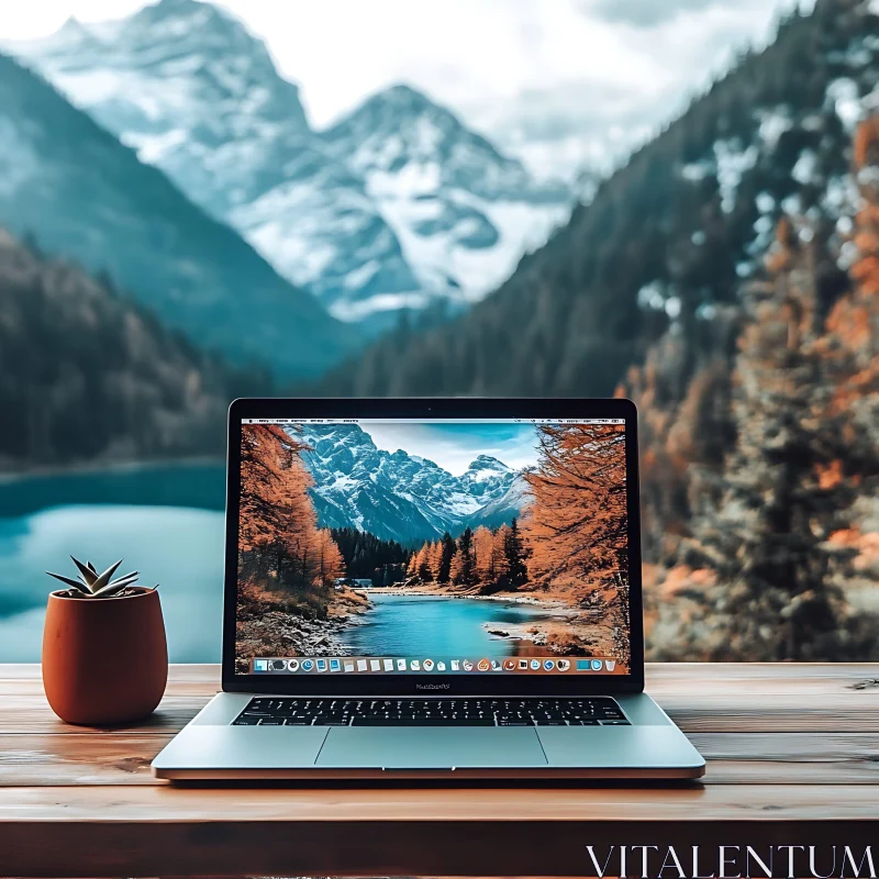 Laptop and Succulent on Desk with Mountain Landscape AI Image