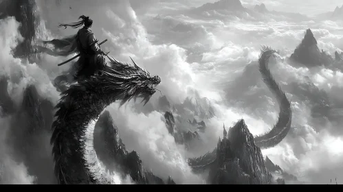 Monochrome Dragon Rider in Mountainous Landscape