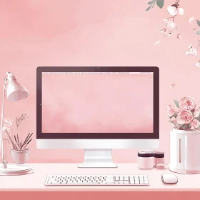 Sophisticated Pink Office Setup with Flowers