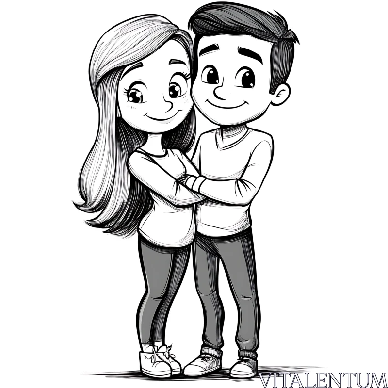 AI ART Monochrome Cartoon Couple Hug Art