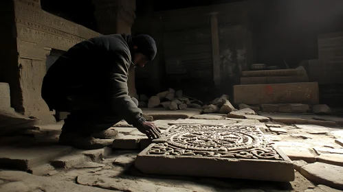 Man Inspecting Ancient Stone Carving