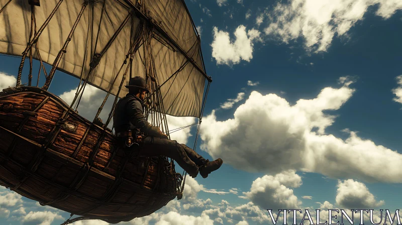 AI ART Man in Airship Floating Among Clouds