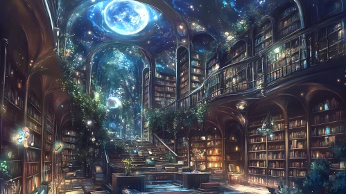 Magical Library with Books and Nature