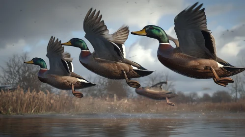 Flock of Ducks Taking Flight