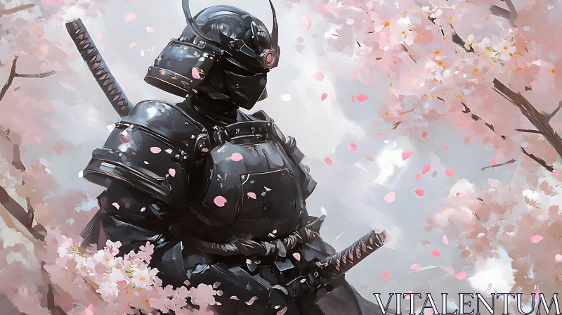 AI ART Black Armor and Pink Blossoms