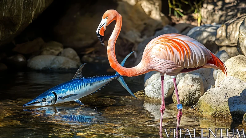 Elegant Flamingo Observing Fish AI Image