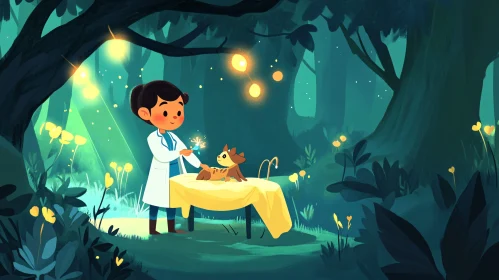 Cartoon Vet Caring for Forest Animal